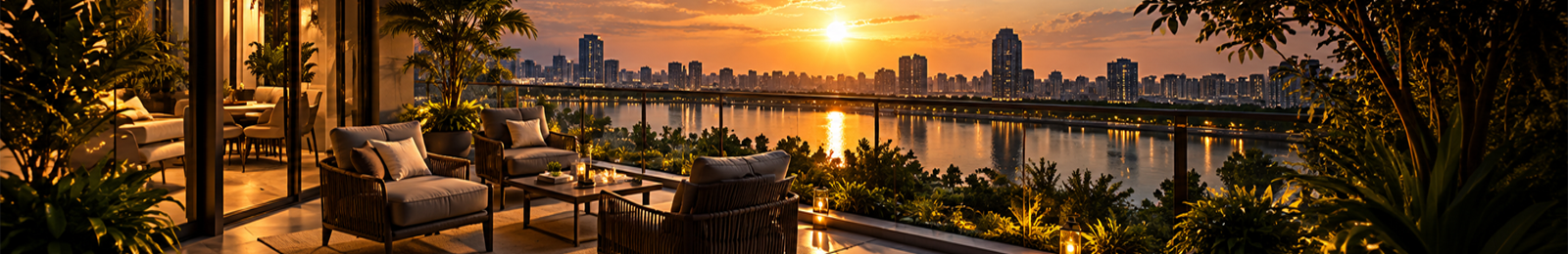 Luxury terrace overlooking a modern city skyline at sunset